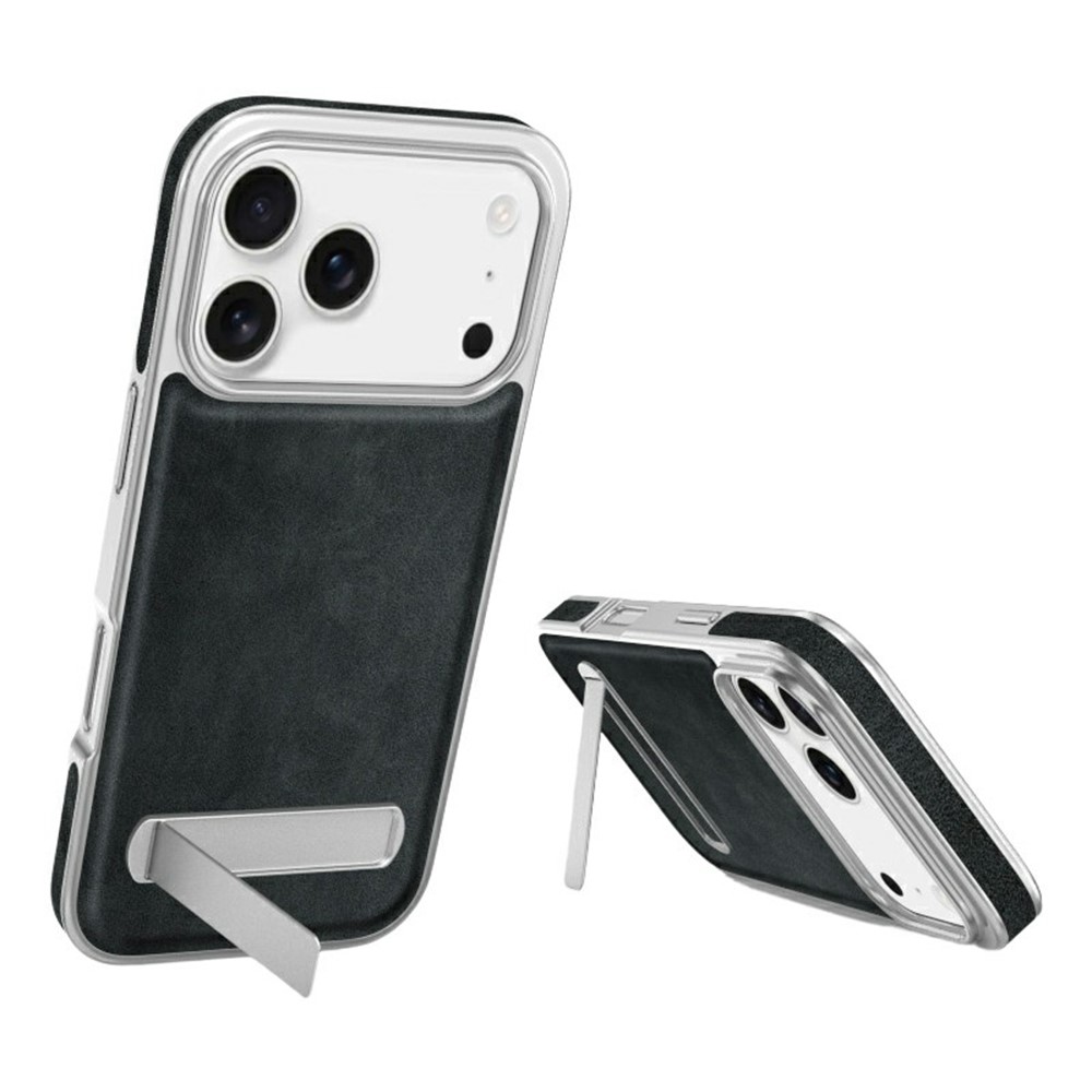 For iPhone 17 Pro Max Case with Hidden Kickstand Leather + PC + TPU Matte Electroplated Phone Cover - Black