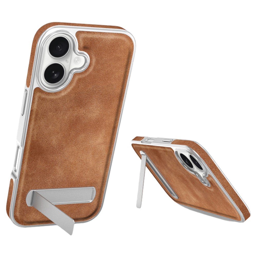 For iPhone 17 Case with Hidden Kickstand Leather + PC + TPU Matte Electroplated Phone Cover - Brown