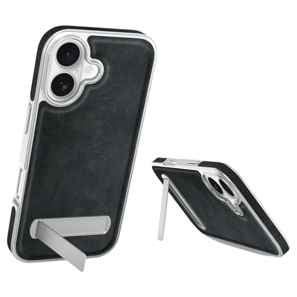 For iPhone 17 Case with Hidden Kickstand Leather + PC + TPU Matte Electroplated Phone Cover - Black
