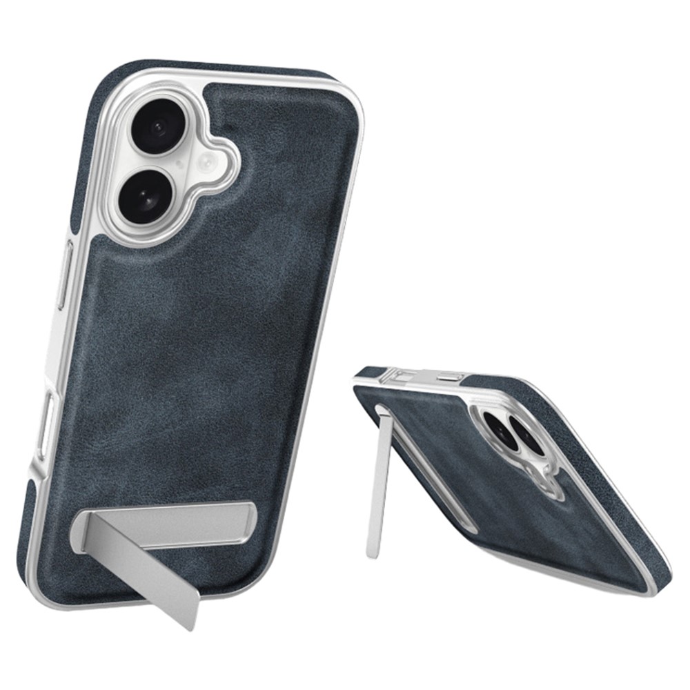 For iPhone 17 Case with Hidden Kickstand Leather + PC + TPU Matte Electroplated Phone Cover - Blue