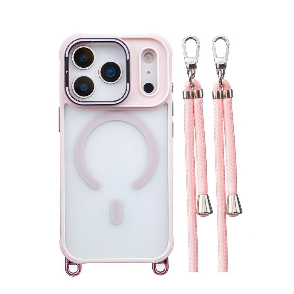 For iPhone 17 Pro Case Compatible with MagSafe PC TPU Phone Cover with Adjustable Lanyard / Camera Frame Kickstand - Pink