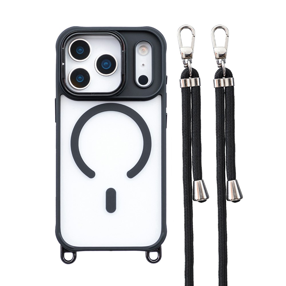For iPhone 17 Pro Case Compatible with MagSafe PC TPU Phone Cover with Adjustable Lanyard / Camera Frame Kickstand - Black