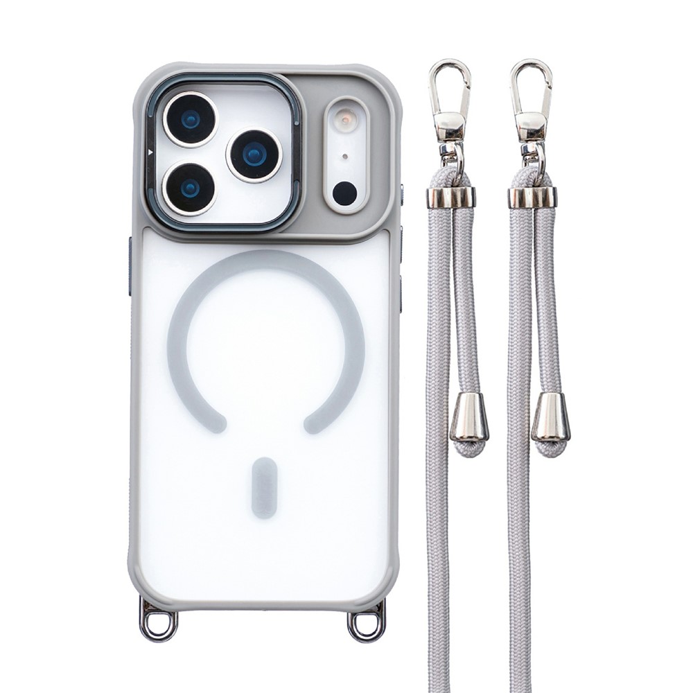 For iPhone 17 Pro Case Compatible with MagSafe PC TPU Phone Cover with Adjustable Lanyard / Camera Frame Kickstand - Grey