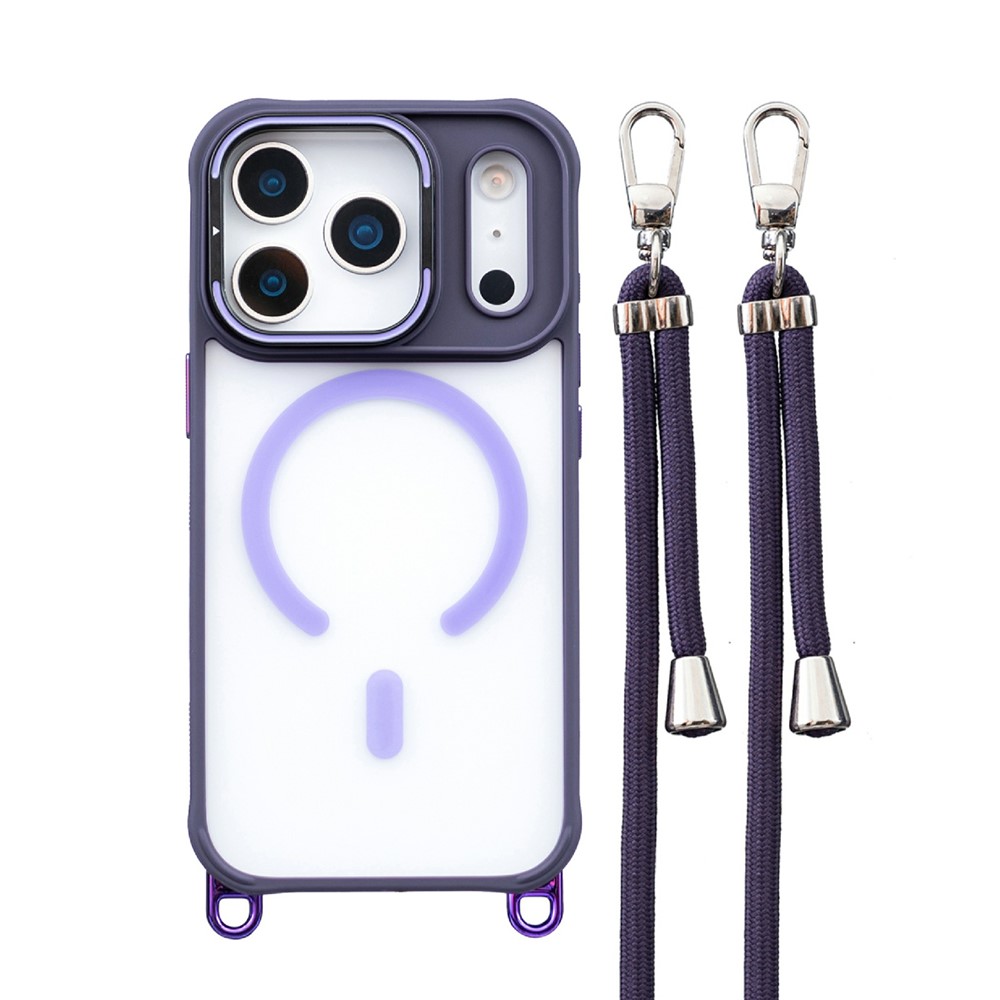 For iPhone 17 Pro Case Compatible with MagSafe PC TPU Phone Cover with Adjustable Lanyard / Camera Frame Kickstand - Purple