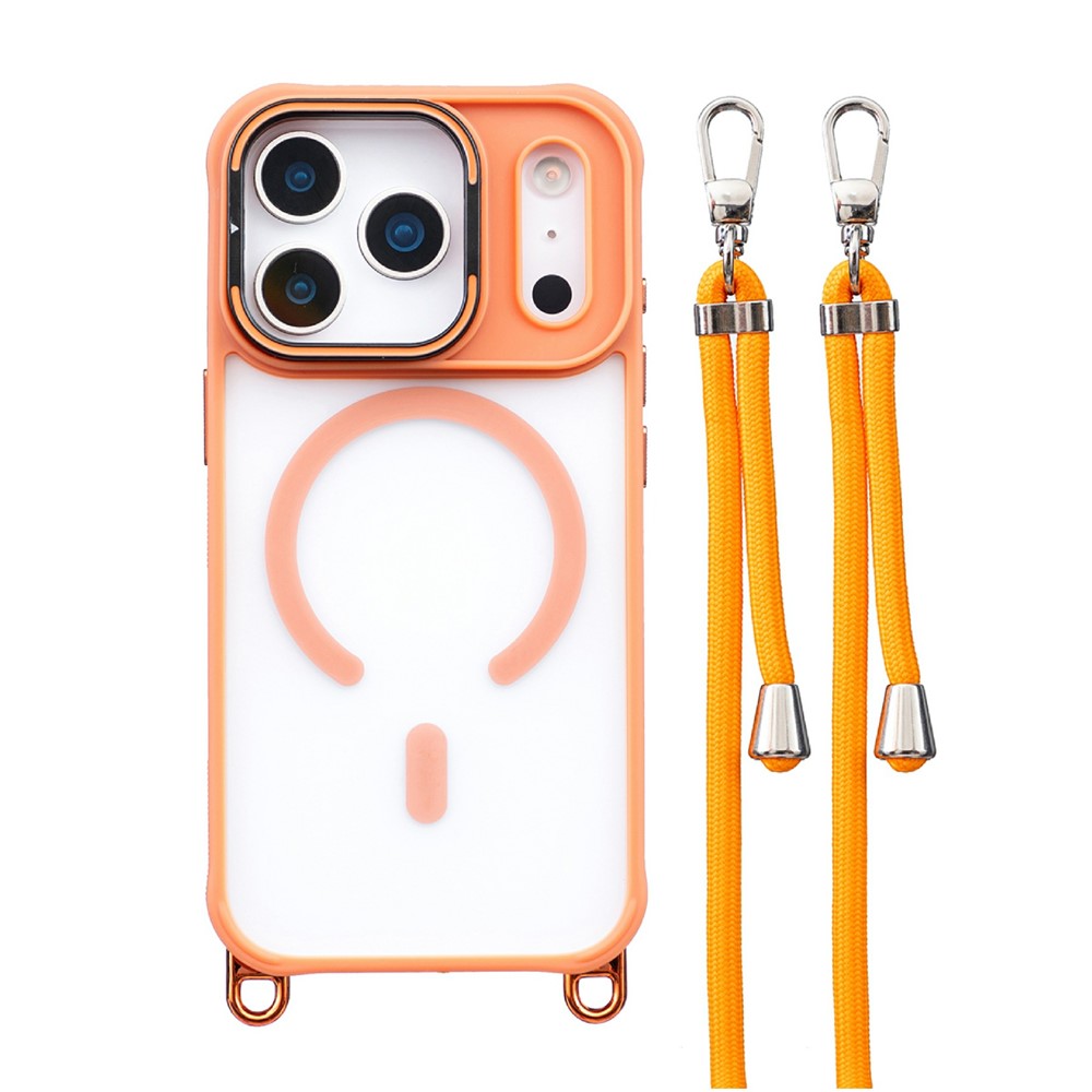 For iPhone 17 Pro Max Case Compatible with MagSafe PC TPU Phone Cover with Adjustable Lanyard / Camera Frame Kickstand - Orange