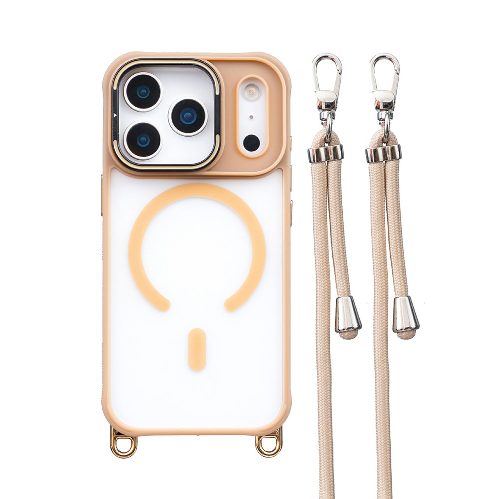 For iPhone 17 Pro Max Case Compatible with MagSafe PC TPU Phone Cover with Adjustable Lanyard / Camera Frame Kickstand - Brown