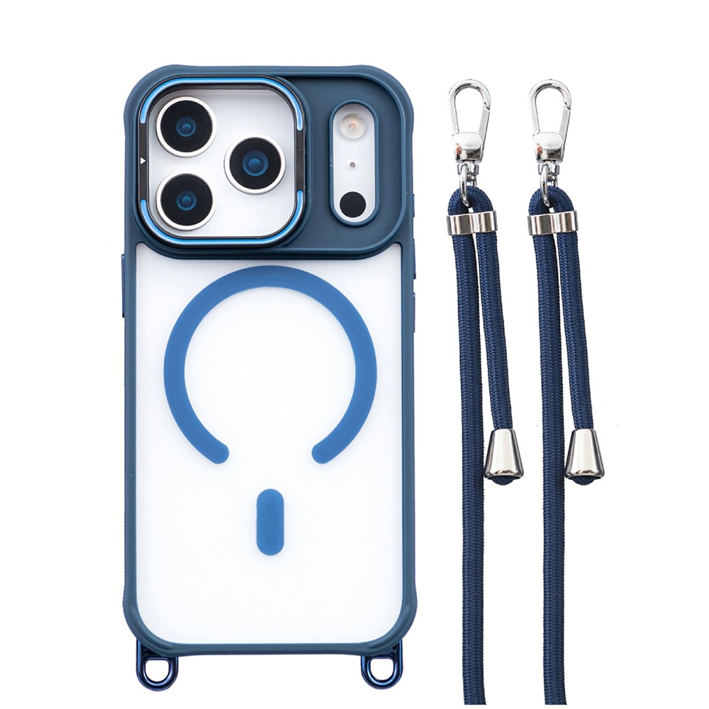 For iPhone 17 Pro Max Case Compatible with MagSafe PC TPU Phone Cover with Adjustable Lanyard / Camera Frame Kickstand - Blue
