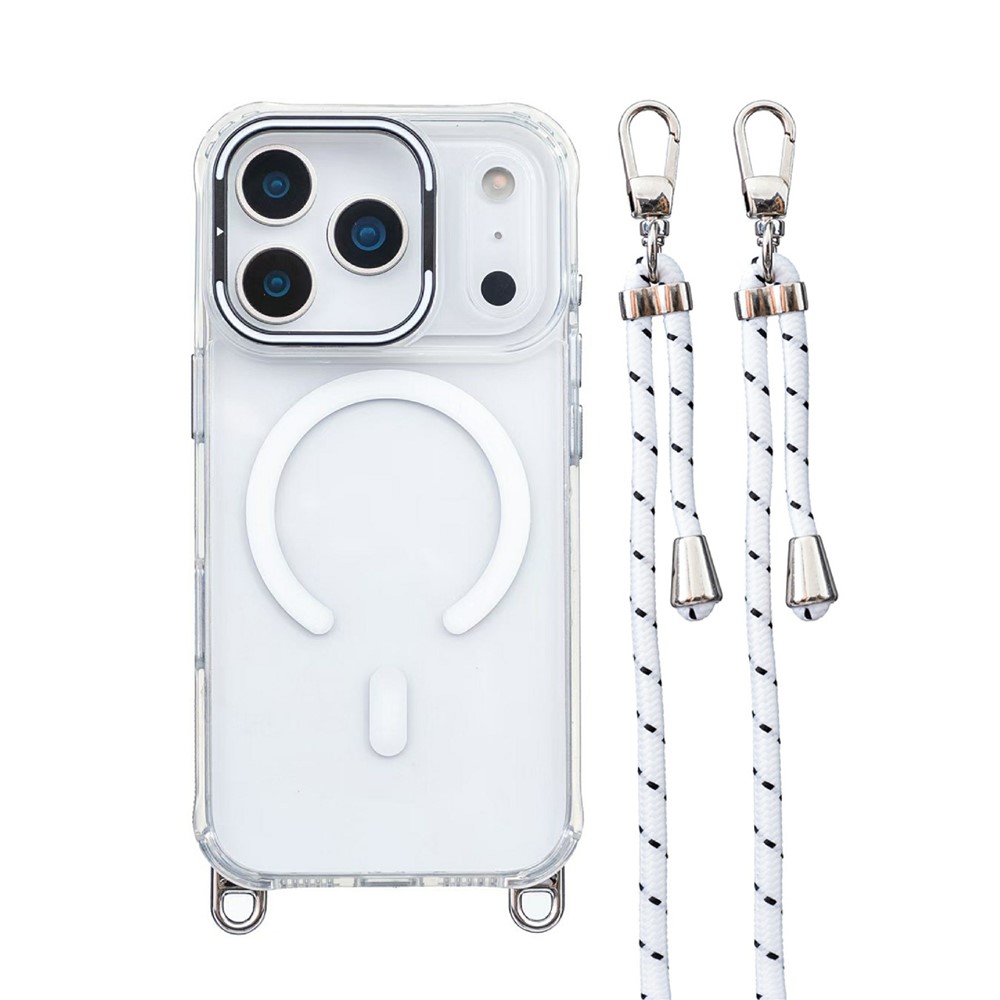 For iPhone 17 Pro Max Case Compatible with MagSafe PC TPU Phone Cover with Adjustable Lanyard / Camera Frame Kickstand - White