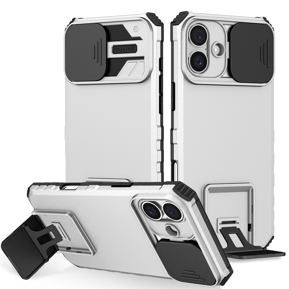 For iPhone 17 Case Camera Slider PC + TPU Phone Cover with Kickstand - White