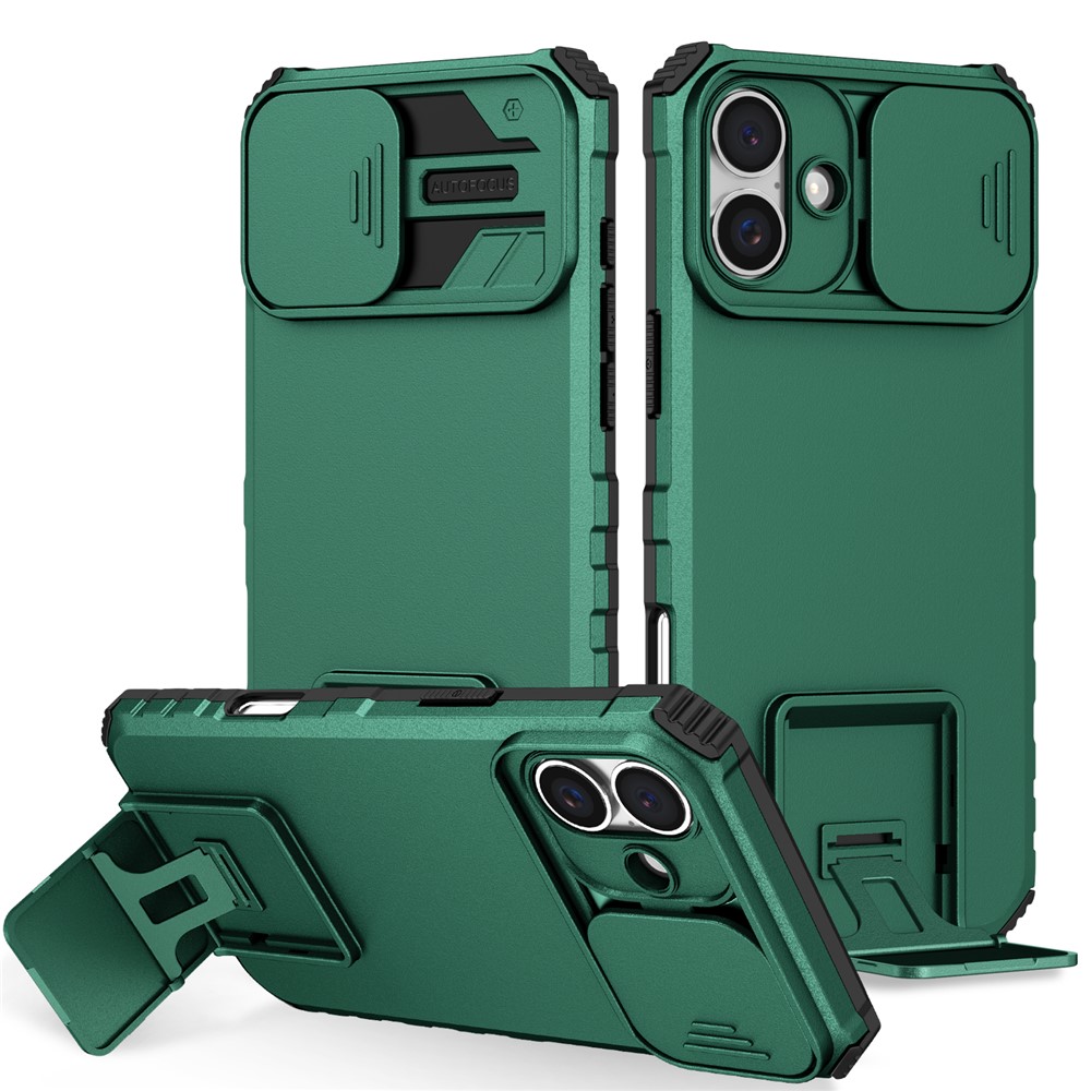 For iPhone 17 Case Camera Slider PC + TPU Phone Cover with Kickstand - Blackish Green