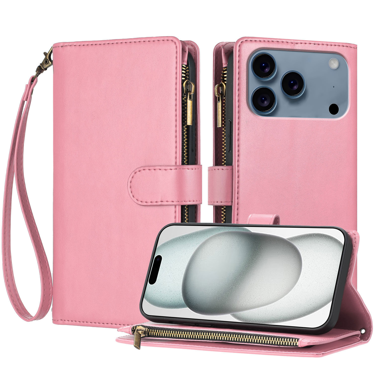 For iPhone 17 Pro Max Leather Case Zipper Wallet Stand Shockproof Phone Cover with Wrist Strap - Pink