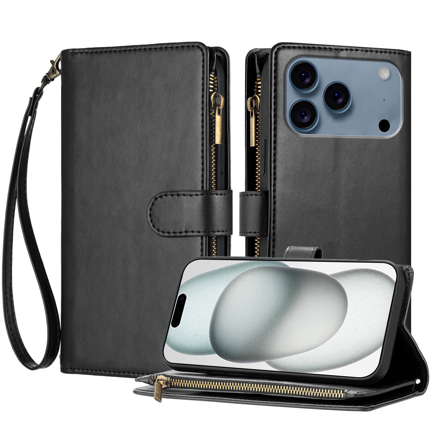 For iPhone 17 Pro Leather Case Zipper Wallet Stand Shockproof Phone Cover with Wrist Strap - Black