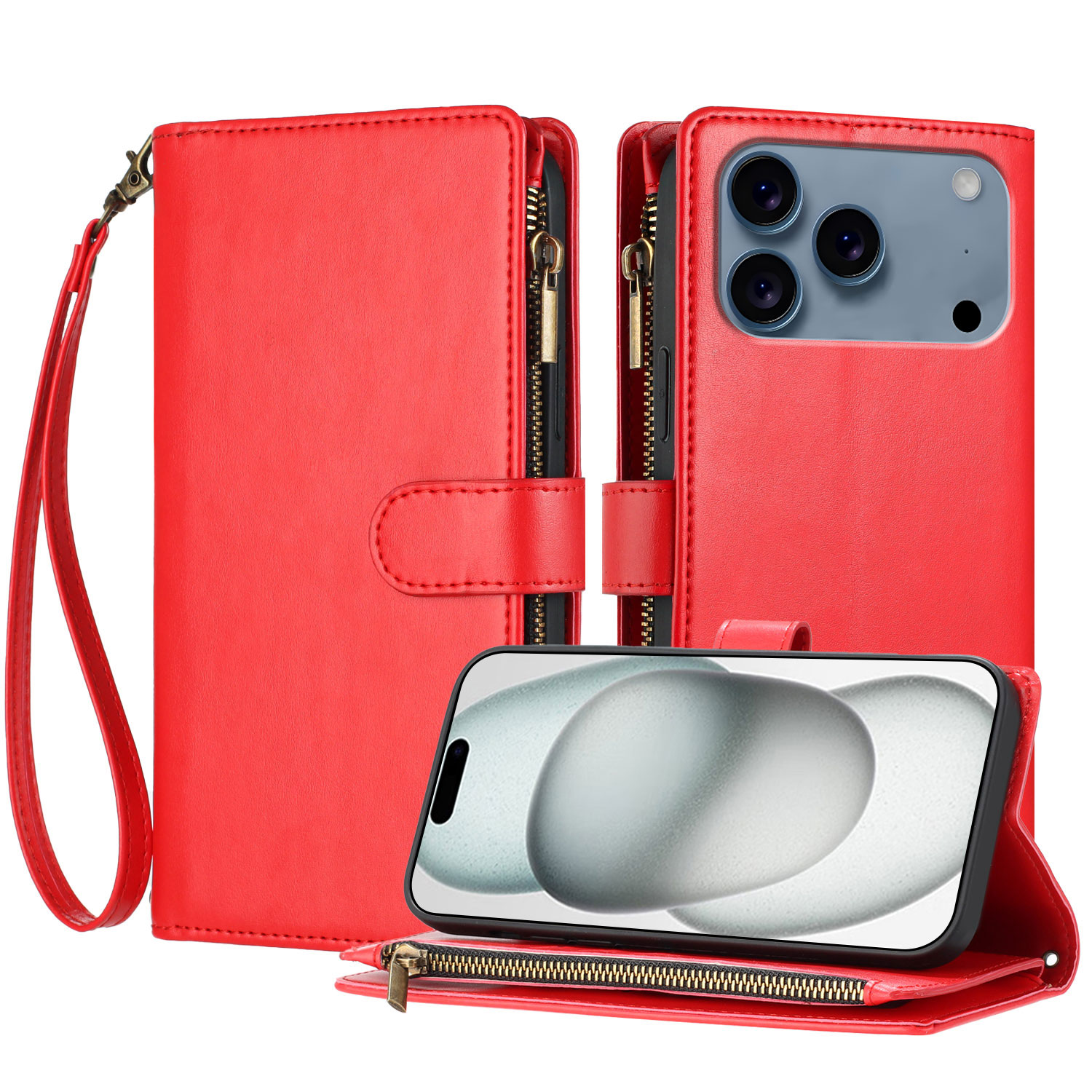 For iPhone 17 Pro Leather Case Zipper Wallet Stand Shockproof Phone Cover with Wrist Strap - Red