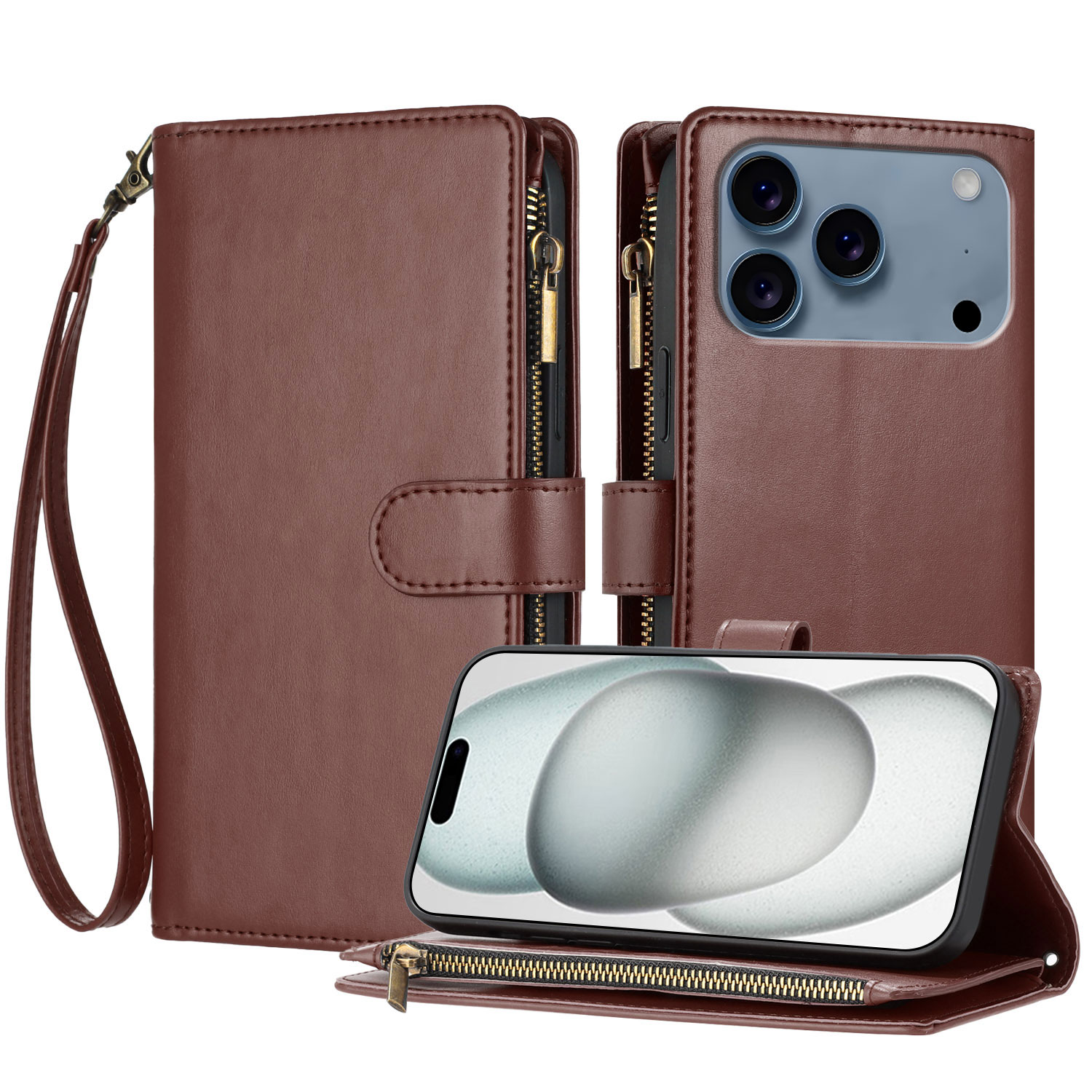 For iPhone 17 Pro Leather Case Zipper Wallet Stand Shockproof Phone Cover with Wrist Strap - Brown