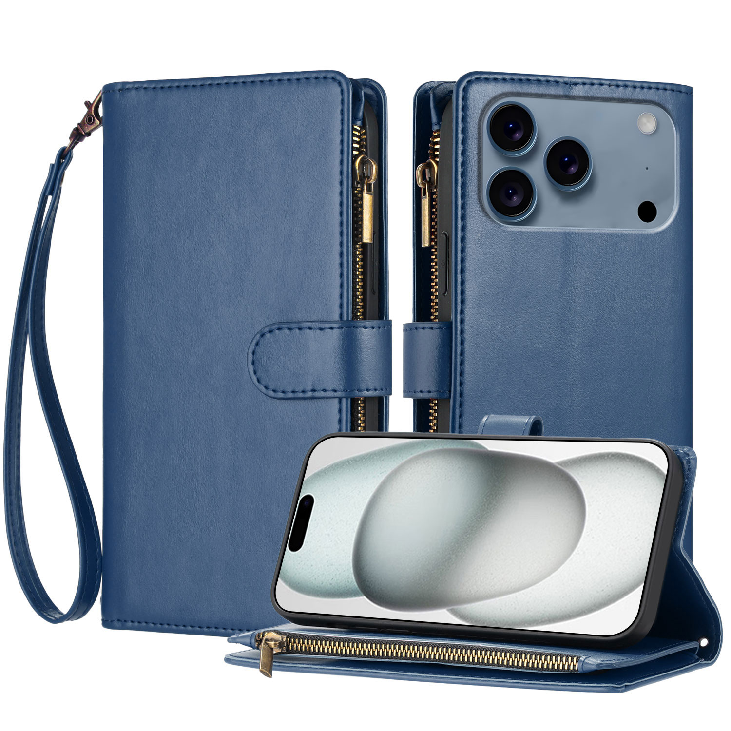 For iPhone 17 Pro Leather Case Zipper Wallet Stand Shockproof Phone Cover with Wrist Strap - Blue