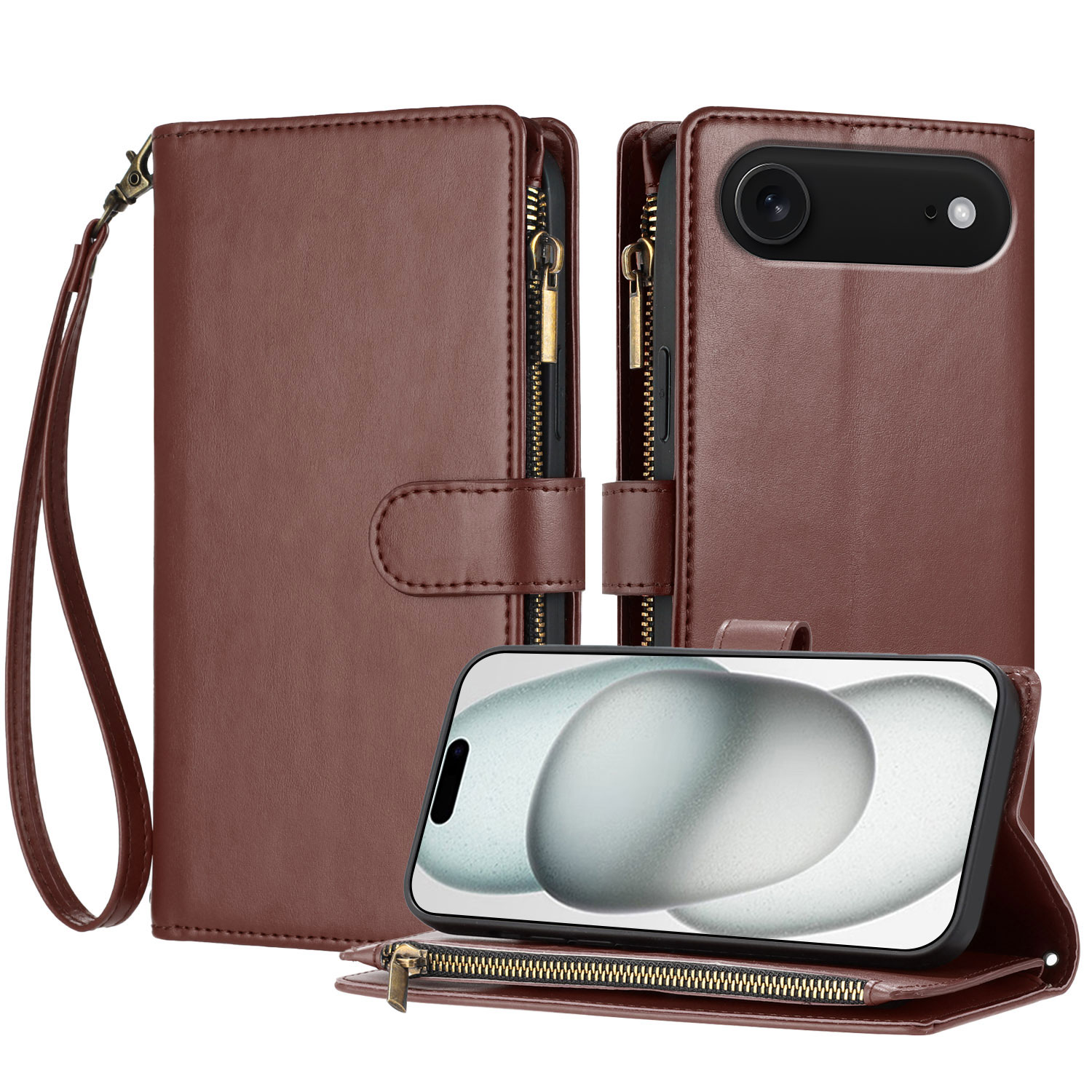 For iPhone Air Leather Case Zipper Wallet Stand Shockproof Phone Cover with Wrist Strap - Brown