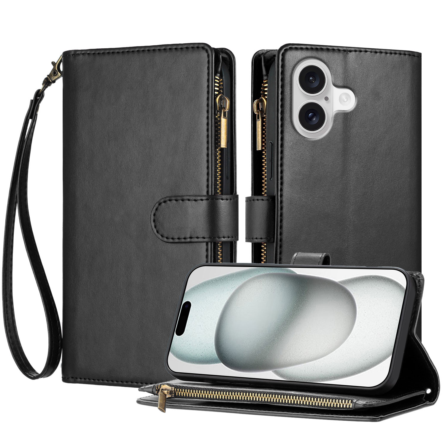 For iPhone 17 Leather Case Zipper Wallet Stand Shockproof Phone Cover with Wrist Strap - Black