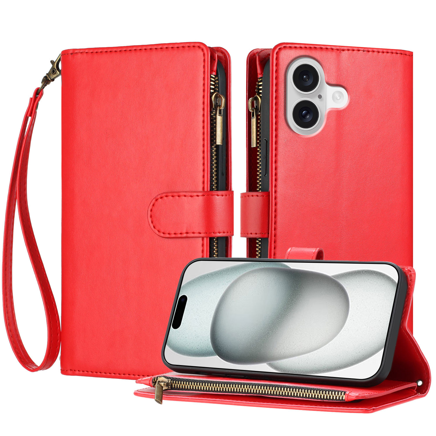 For iPhone 17 Leather Case Zipper Wallet Stand Shockproof Phone Cover with Wrist Strap - Red