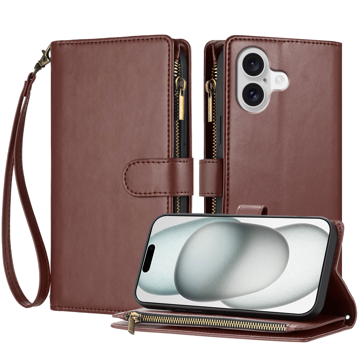 For iPhone 17 Leather Case Zipper Wallet Stand Shockproof Phone Cover with Wrist Strap - Brown