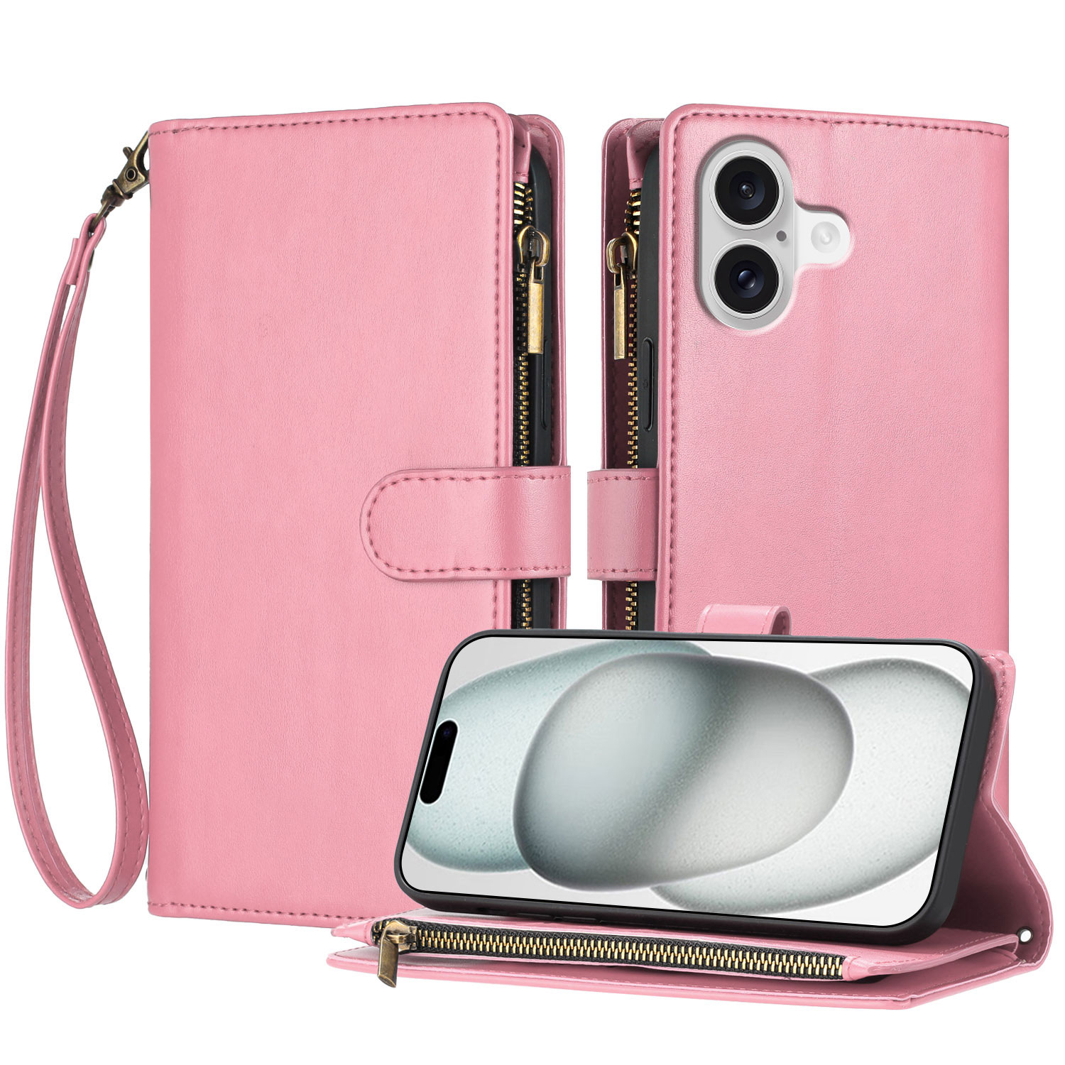 For iPhone 17 Leather Case Zipper Wallet Stand Shockproof Phone Cover with Wrist Strap - Pink