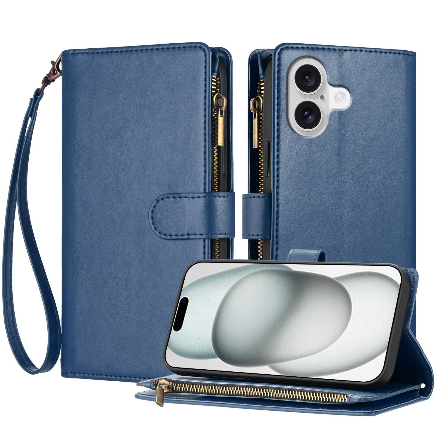 For iPhone 17 Leather Case Zipper Wallet Stand Shockproof Phone Cover with Wrist Strap - Blue