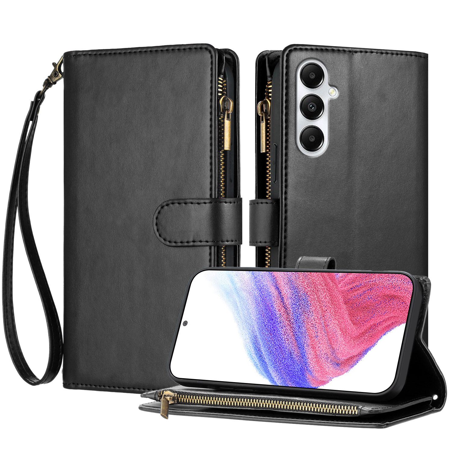 For Samsung Galaxy A05s 4G Leather Case Zipper Wallet Stand Shockproof Phone Cover with Wrist Strap - Black