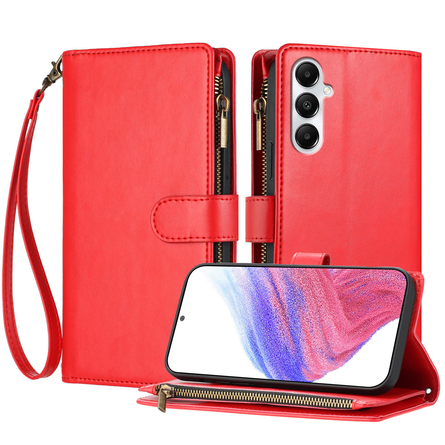For Samsung Galaxy A05s 4G Leather Case Zipper Wallet Stand Shockproof Phone Cover with Wrist Strap - Red