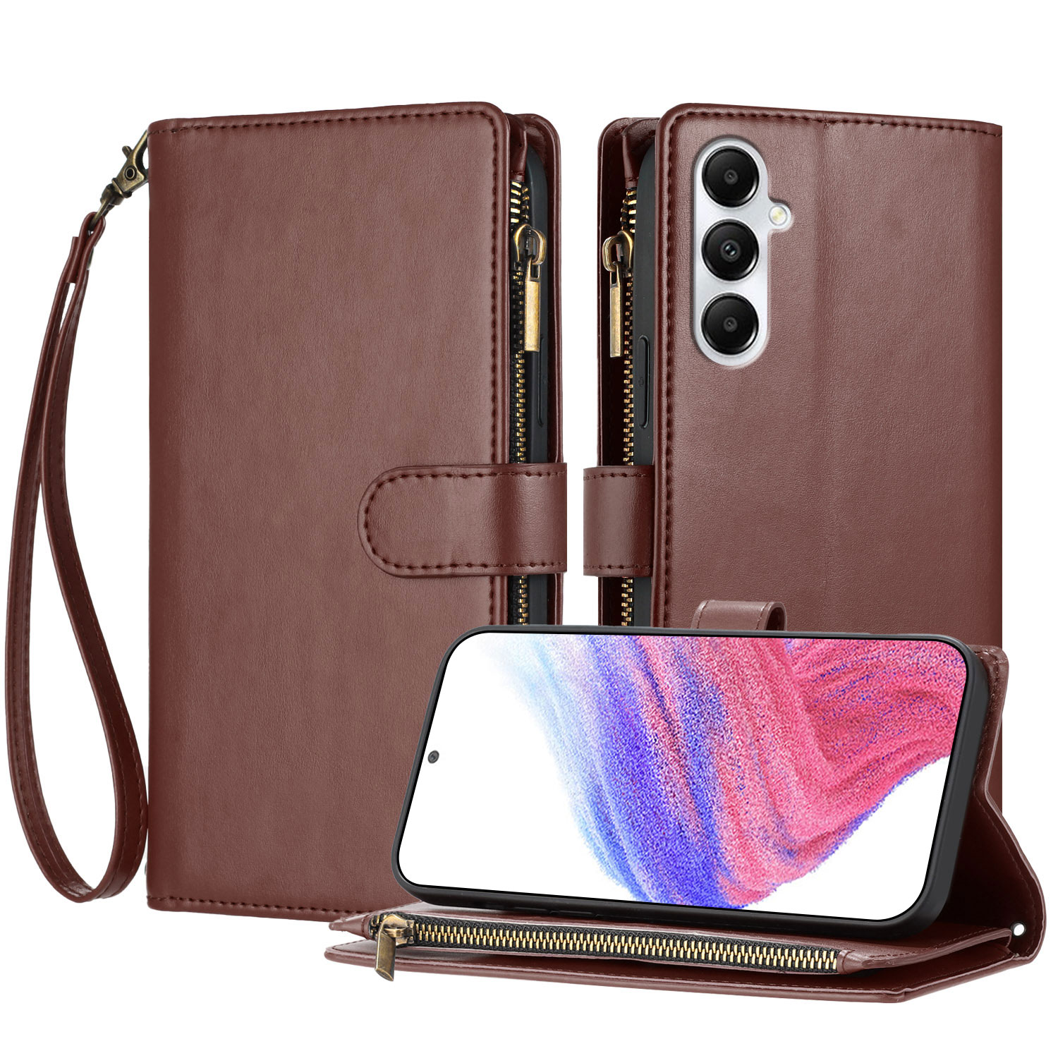 For Samsung Galaxy A05s 4G Leather Case Zipper Wallet Stand Shockproof Phone Cover with Wrist Strap - Brown