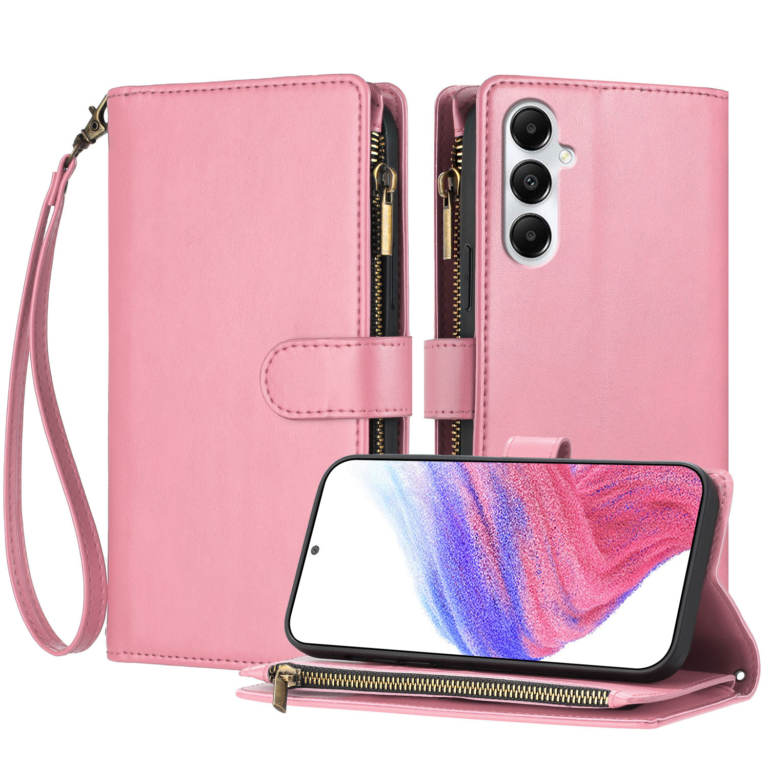 For Samsung Galaxy A05s 4G Leather Case Zipper Wallet Stand Shockproof Phone Cover with Wrist Strap - Pink