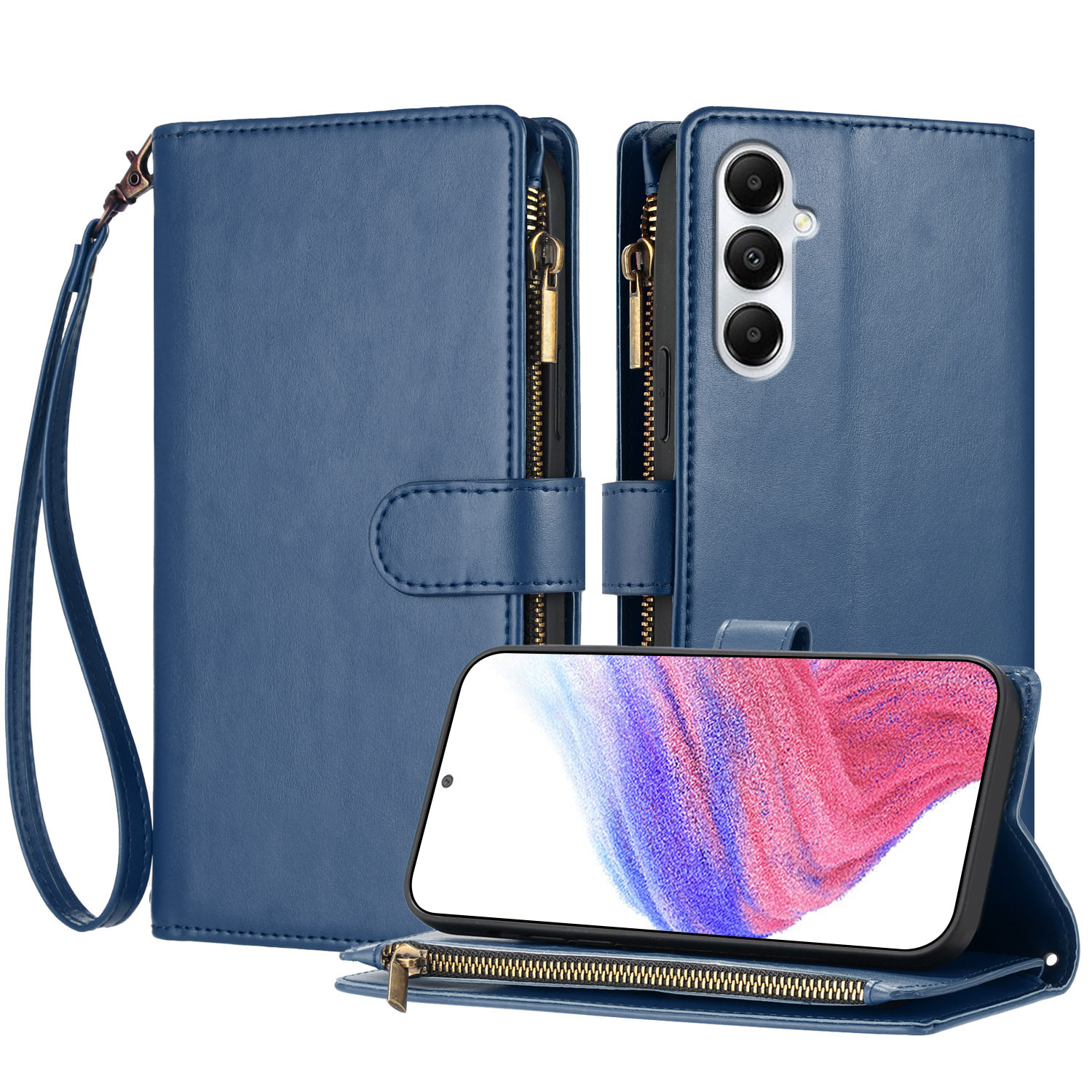 For Samsung Galaxy A05s 4G Leather Case Zipper Wallet Stand Shockproof Phone Cover with Wrist Strap - Blue