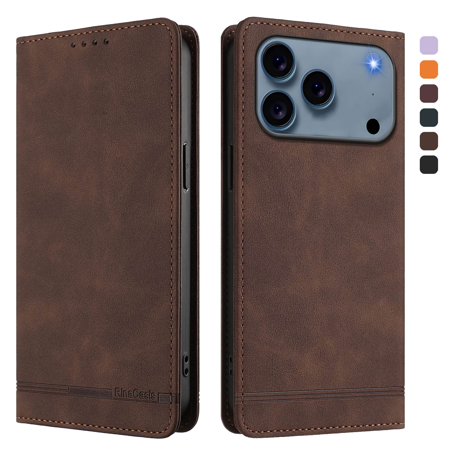 For iPhone 17 Pro Case RINACASIS RC23 RFID Blocking Wallet Stand PU Leather Phone Cover - Brown