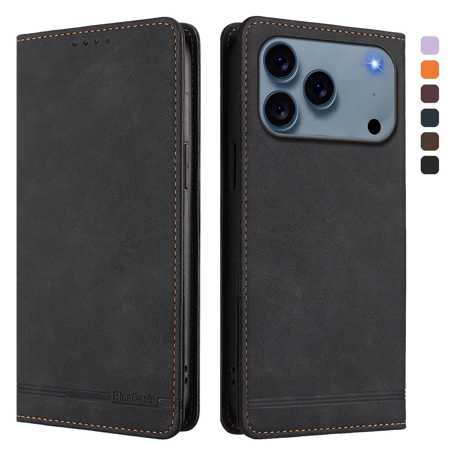 For iPhone 17 Pro Case RINACASIS RC23 RFID Blocking Wallet Stand PU Leather Phone Cover - Black