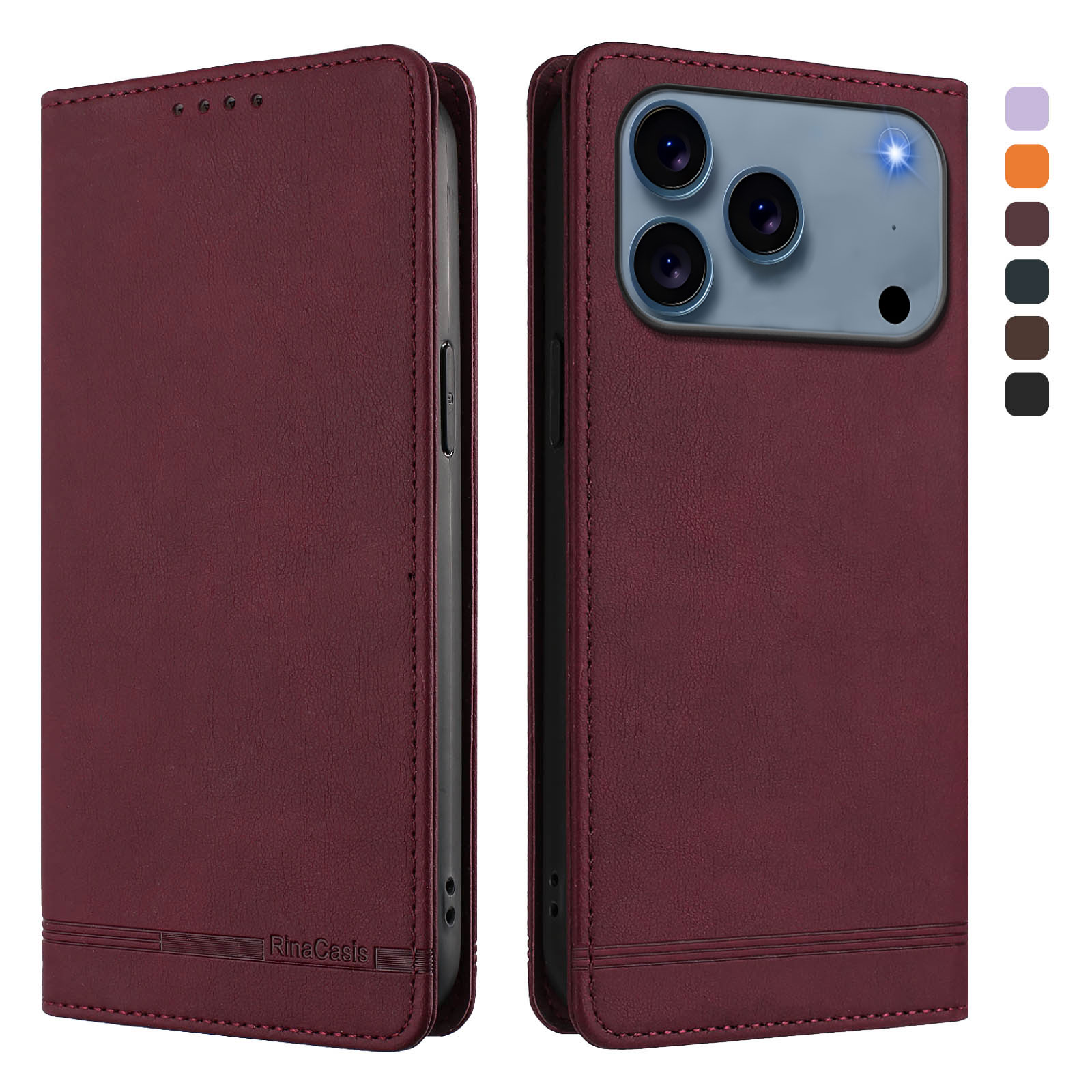 For iPhone 17 Pro Case RINACASIS RC23 RFID Blocking Wallet Stand PU Leather Phone Cover - Wine Red
