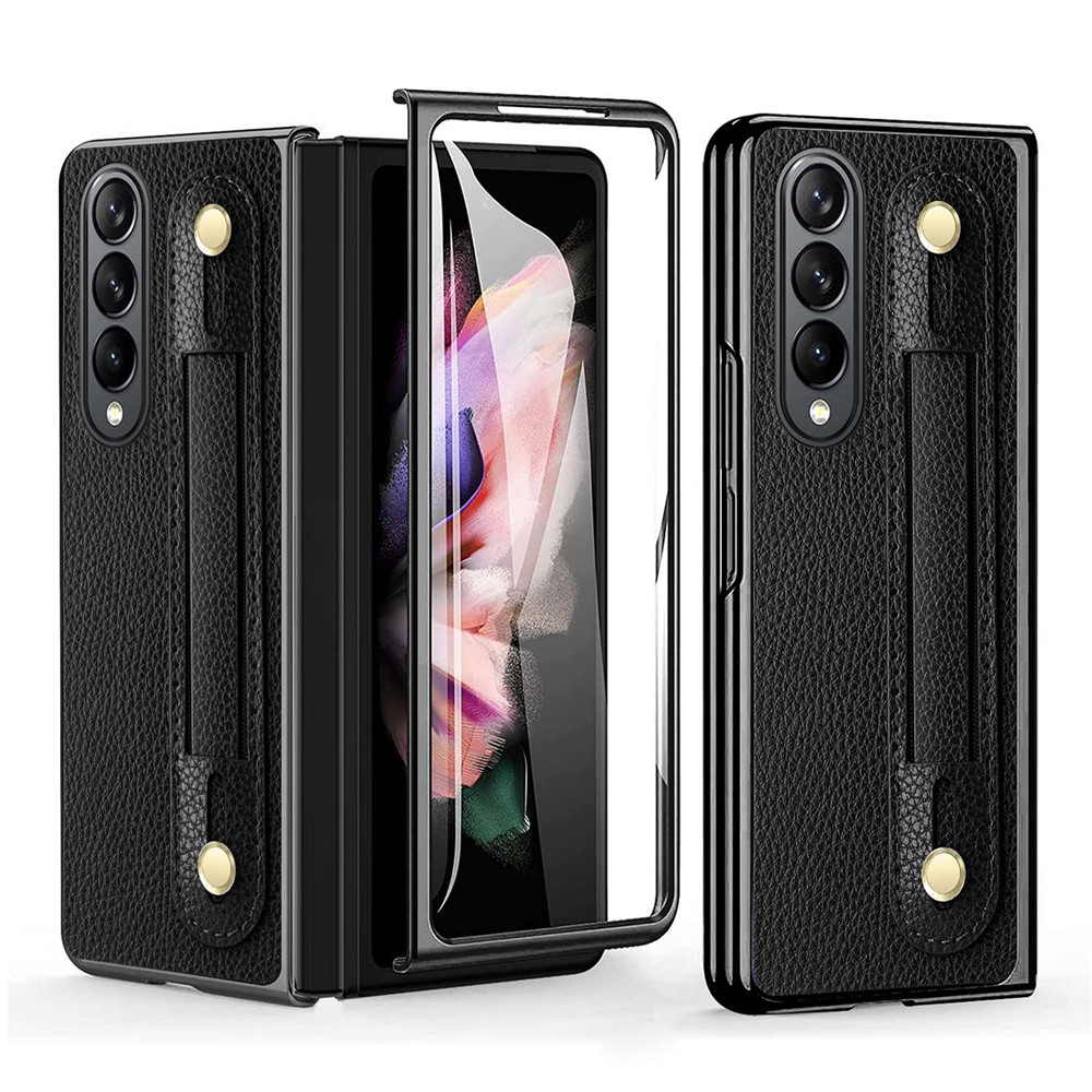 For Samsung Galaxy Z Fold4 5G Roman Serie Phone Cover Retractable Wristband Folding PU Leather+PC Phone Case with Tempered Glass Film - Black-1