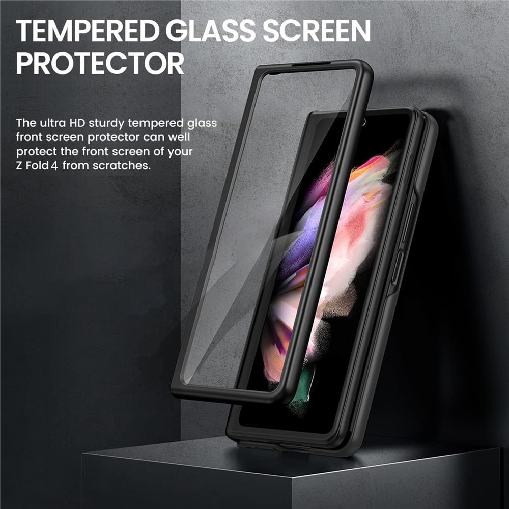 For Samsung Galaxy Z Fold4 5G Roman Serie Phone Cover Retractable Wristband Folding PU Leather+PC Phone Case with Tempered Glass Film - Black-2