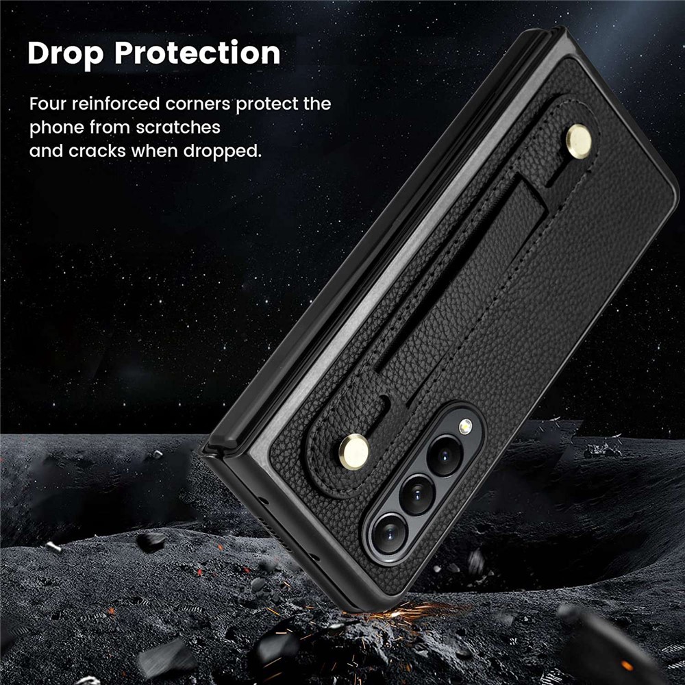 For Samsung Galaxy Z Fold4 5G Roman Serie Phone Cover Retractable Wristband Folding PU Leather+PC Phone Case with Tempered Glass Film - Black-4