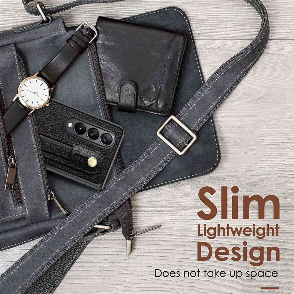 For Samsung Galaxy Z Fold4 5G Roman Serie Phone Cover Retractable Wristband Folding PU Leather+PC Phone Case with Tempered Glass Film - Black-5