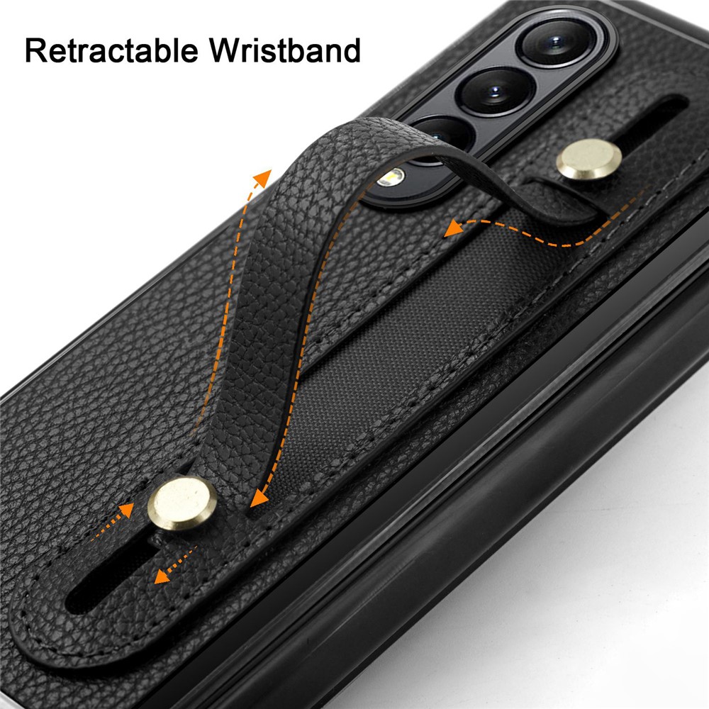 For Samsung Galaxy Z Fold4 5G Roman Serie Phone Cover Retractable Wristband Folding PU Leather+PC Phone Case with Tempered Glass Film - Black-6