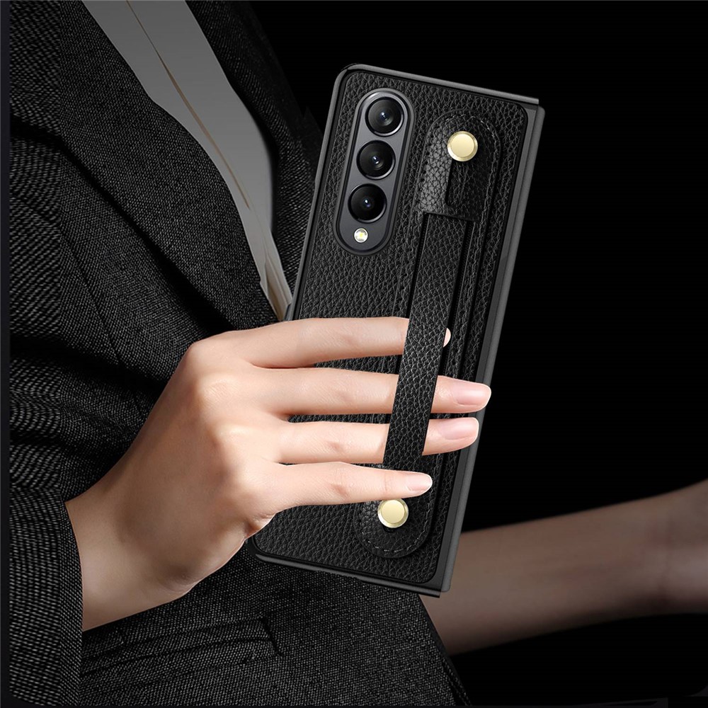 For Samsung Galaxy Z Fold4 5G Roman Serie Phone Cover Retractable Wristband Folding PU Leather+PC Phone Case with Tempered Glass Film - Black-9