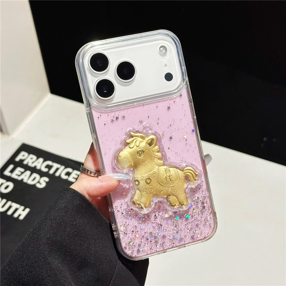 For iPhone 17 Pro Case Sparkling Glitter PC Phone Cover with Golden Horse Ornament - Pink
