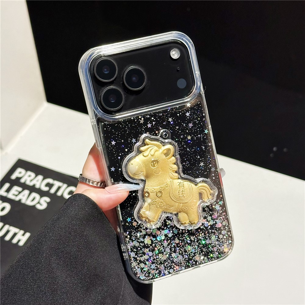 For iPhone 17 Pro Case Sparkling Glitter PC Phone Cover with Golden Horse Ornament - Black