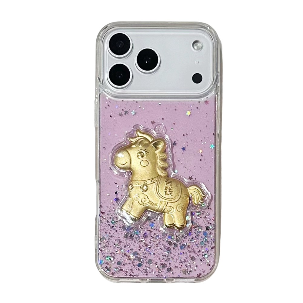 For iPhone 17 Pro Max Case Sparkling Glitter PC Phone Cover with Golden Horse Ornament - Purple