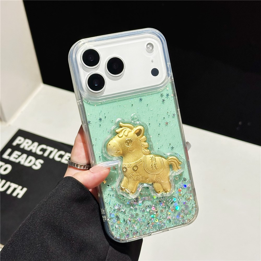 For iPhone 17 Pro Max Case Sparkling Glitter PC Phone Cover with Golden Horse Ornament - Green