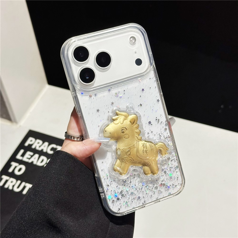 For iPhone 17 Pro Max Case Sparkling Glitter PC Phone Cover with Golden Horse Ornament - Transparent