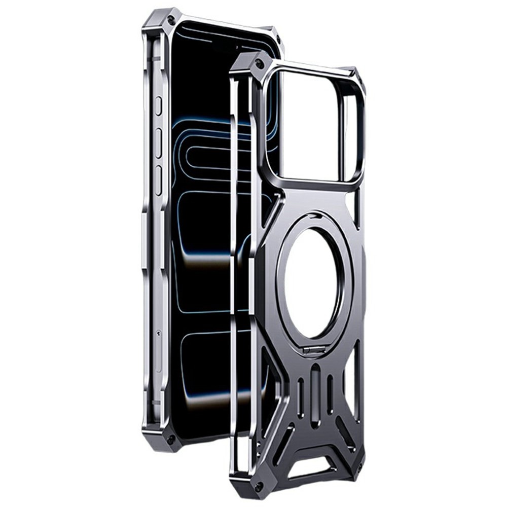 For iPhone 17 Pro Max Case Kickstand Frameless Aluminum Alloy + Silicone Phone Bumper Cover - Silver