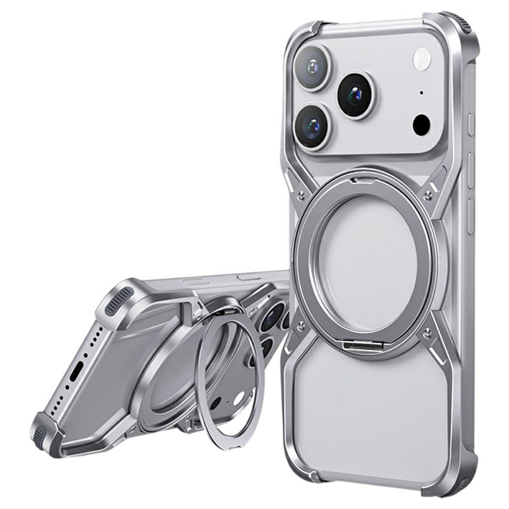 For iPhone 17 Pro Max Case Kickstand Frameless Aluminum Alloy Bumper Phone Cover - Silver