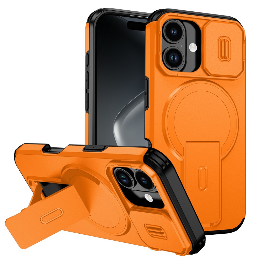 Bulk Purchasing For iPhone 17 Magnetic Phone Case PC + TPU Cover with Hidden Kickstand and Sliding Camera Cover - Orange