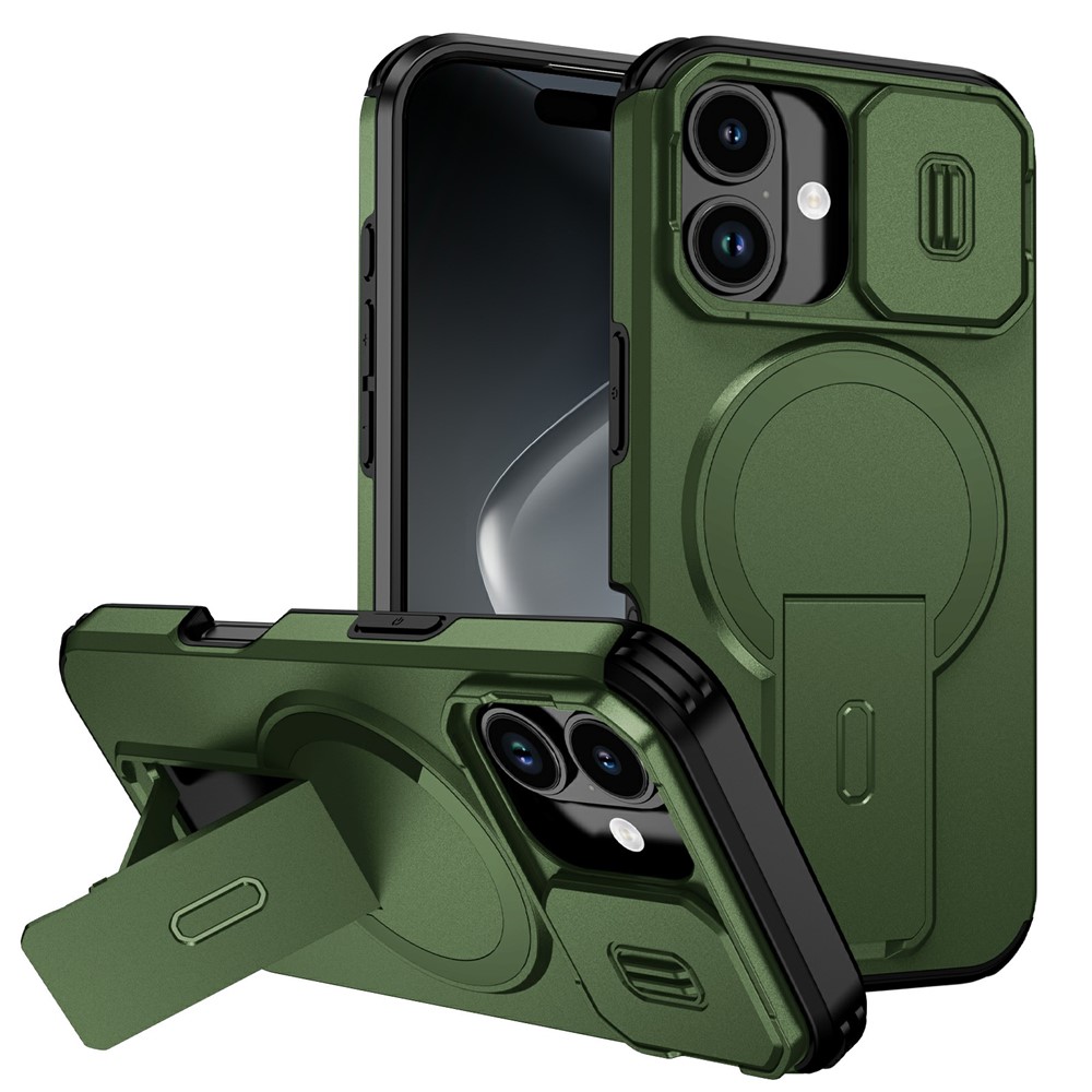 Bulk Purchasing For iPhone 17 Magnetic Phone Case PC + TPU Cover with Hidden Kickstand and Sliding Camera Cover - Green