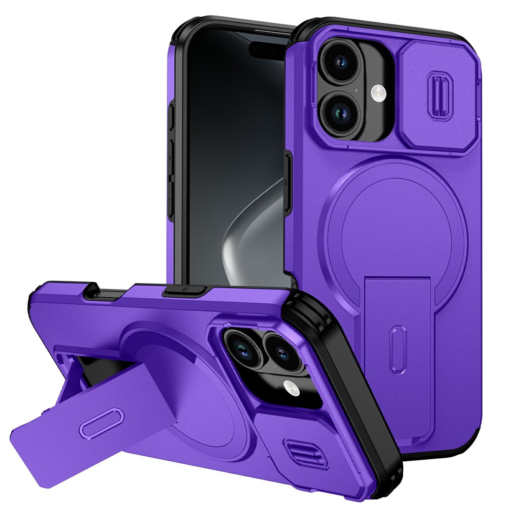 Bulk Purchasing For iPhone 17 Magnetic Phone Case PC + TPU Cover with Hidden Kickstand and Sliding Camera Cover - Purple