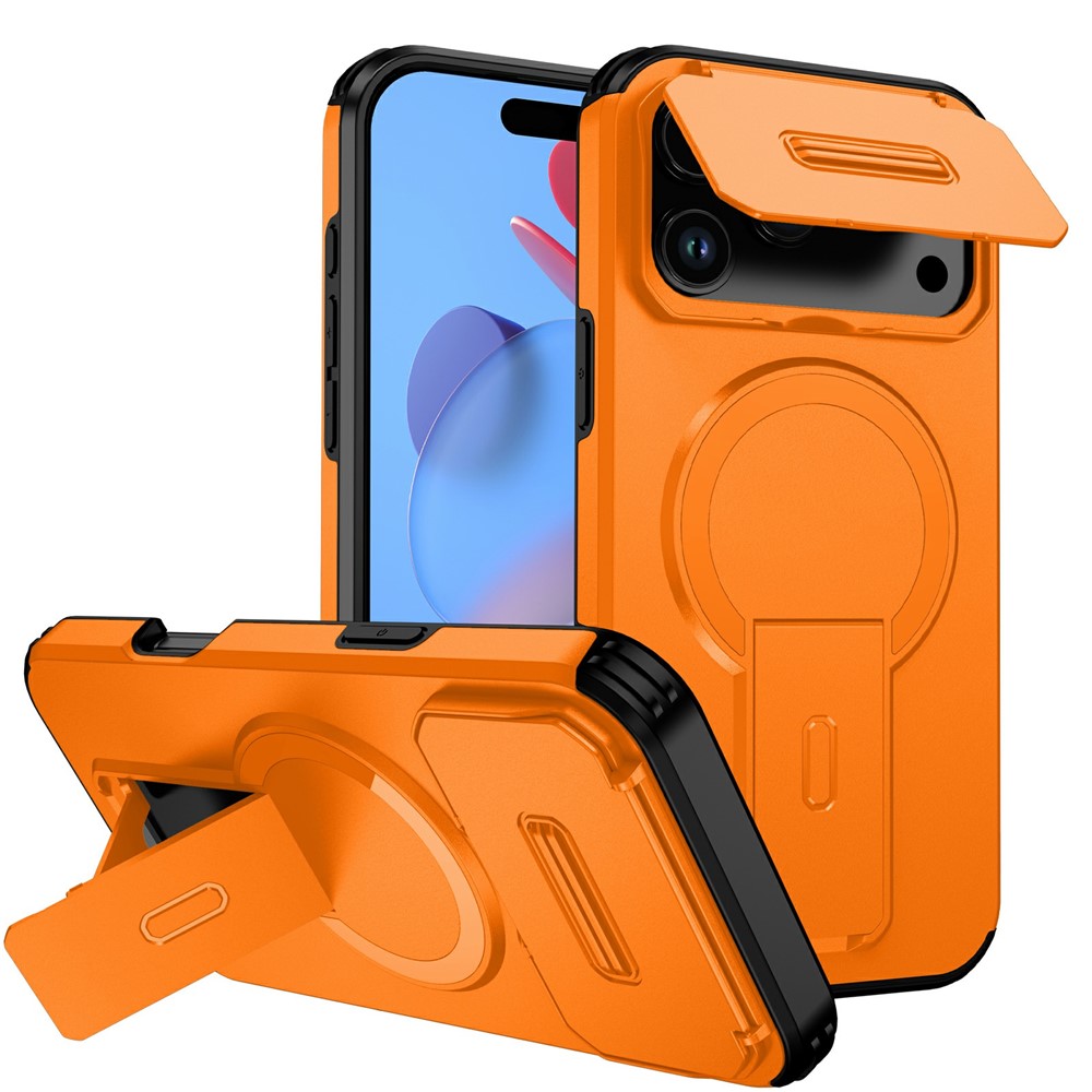 Bulk Purchasing For iPhone 17 Pro Magnetic Phone Case PC + TPU Cover with Hidden Kickstand and Sliding Camera Cover - Orange